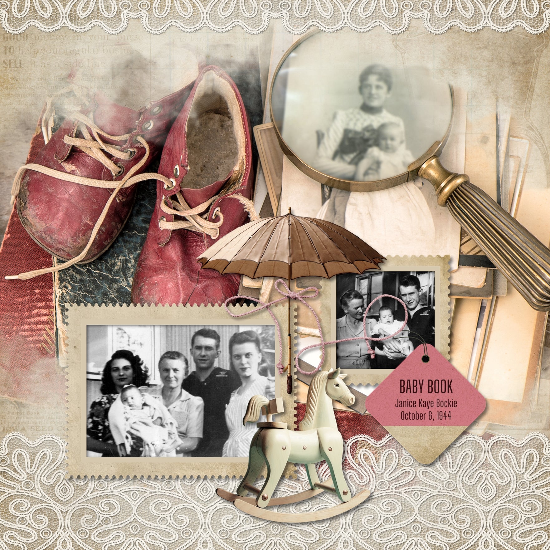 Great for genealogy and family history albums and keepsake digital art pages, these realistic antique digital scrapbooking embellishments by Lucky Girl Creative are perfect for layering with your antique photographs to give that realistic vintage look. Whether you love browsing through a flea market, vintage market, rummage or garage sale, these embellishments will showcase your treasured finds.