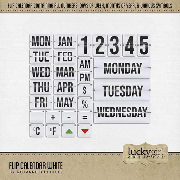 Have fun adding these retro flip calendar digital scrapbooking embellishments by Lucky Girl Creative digital art to remember special days, months, years, and more! Embellishments include months, days, numbers, am, pm, symbols ($, =, -, %, +), Celsius, Fahrenheit, arrows up and down, and a blank flip character. This kit is included in the Flip Calendar Bundle.