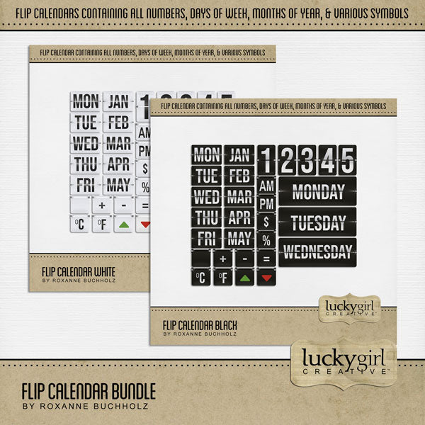 Have fun adding these retro flip calendar digital scrapbooking embellishments by Lucky Girl Creative digital art to remember special days, months, years, and more! Embellishments include months, days, numbers, am, pm, symbols ($, =, -, %, +), Celsius, Fahrenheit, arrows up and down, and a blank flip character.