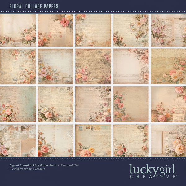 With vintage flower ephemera, these digital scrapbooking background papers by Lucky Girl Creative digital art will add that touch of interest and authenticity to all your family history and genealogy pages. This kit is included in the Paper Duo Natural Floral Kit.