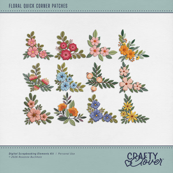 Accent your digital scrapbooking pages and favorite photos with these fun embroidered flower corners by Crafty Clover digital art. Duplicate and rotate to create your own photo corner holders. Great for spring, summer, Easter, outdoor, and nature pages! This kit is NOT included in any bundle.