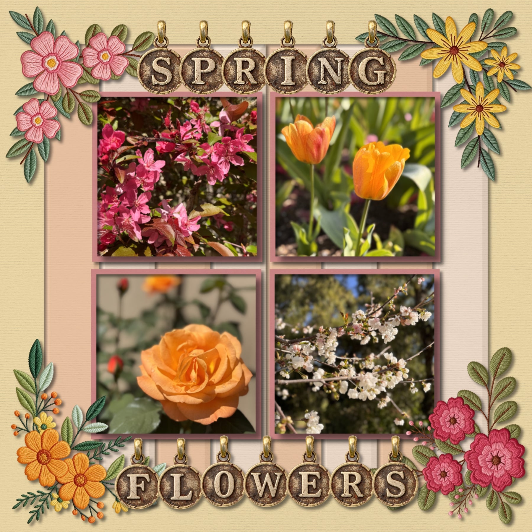 Accent your digital scrapbooking pages and favorite photos with these fun embroidered flower corners by Crafty Clover digital art. Duplicate and rotate to create your own photo corner holders. Great for spring, summer, Easter, outdoor, and nature pages! This kit is NOT included in any bundle.