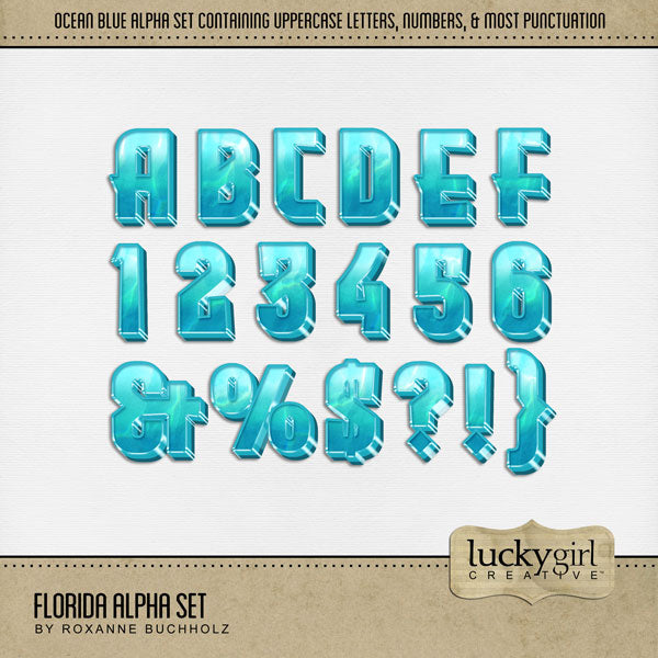 These acrylic blue alphabet and number digital scrapbooking embellishments by Lucky Girl Creative digital art are easy to use for digital scrapbook page titles for vacations to Florida, the South, the Everglades, the Gulf Shores, parts of Mississippi, Louisiana, Alabama, Miami, Orlando, Tampa, Tallahassee, Jacksonville, Fort Lauderdale, Destin, Key West, and more. The Florida Alpha Set consists of a full set of digital art uppercase alphabet letters A-Z, numbers 0-9, and most punctuation marks.