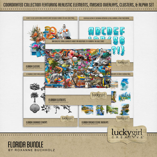 Celebrate Florida with these beautiful realistic embellishments, clusters, masked scenic overlays, engraved stamps, and acrylic blue alpha set by Lucky Girl Creative digital art for digital scrapbooking. Great for travel and vacations to Florida, the South, the Everglades, the Gulf Shores, parts of Mississippi, Louisiana, Alabama, Miami, Orlando, Tampa, Tallahassee, Jacksonville, Fort Lauderdale, Destin, Key West, and more. Embellishments include passenger airplane, sea float plane, bumper car, castle.