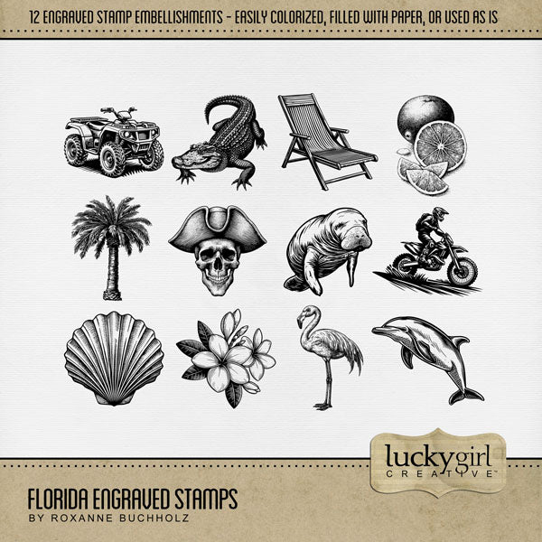 Celebrate Florida with these beautiful engraved stamp embellishments by Lucky Girl Creative digital art for digital scrapbooking. Great for vacations to Florida, the South, the Everglades, the Gulf Shores, parts of Mississippi, Louisiana, Alabama, Miami, Orlando, Tampa, Tallahassee, Jacksonville, Fort Lauderdale, Destin, Key West, and more. Use as is or fill with your favorite color or paper. Embellishments include motorcycle, all terrain vehicle, quad, alligator, dolphin, flamingo, manatee, beach chair.