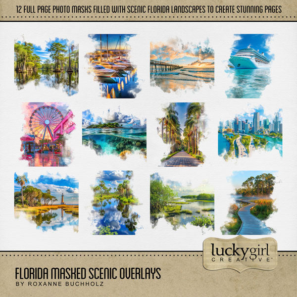 Celebrate Florida with these beautiful masked scenic overlay embellishments by Lucky Girl Creative digital art for digital scrapbooking. With transparent edges, these masked photographs blend seamlessly into any background paper and make the perfect backdrop for all digital scrapbooking pages. Great for vacations to Florida, the South, the Everglades, the Gulf Shores, parts of Mississippi, Louisiana, Alabama, Miami, Orlando, Tampa, Tallahassee, Jacksonville, Fort Lauderdale, Destin, Key West, and more.