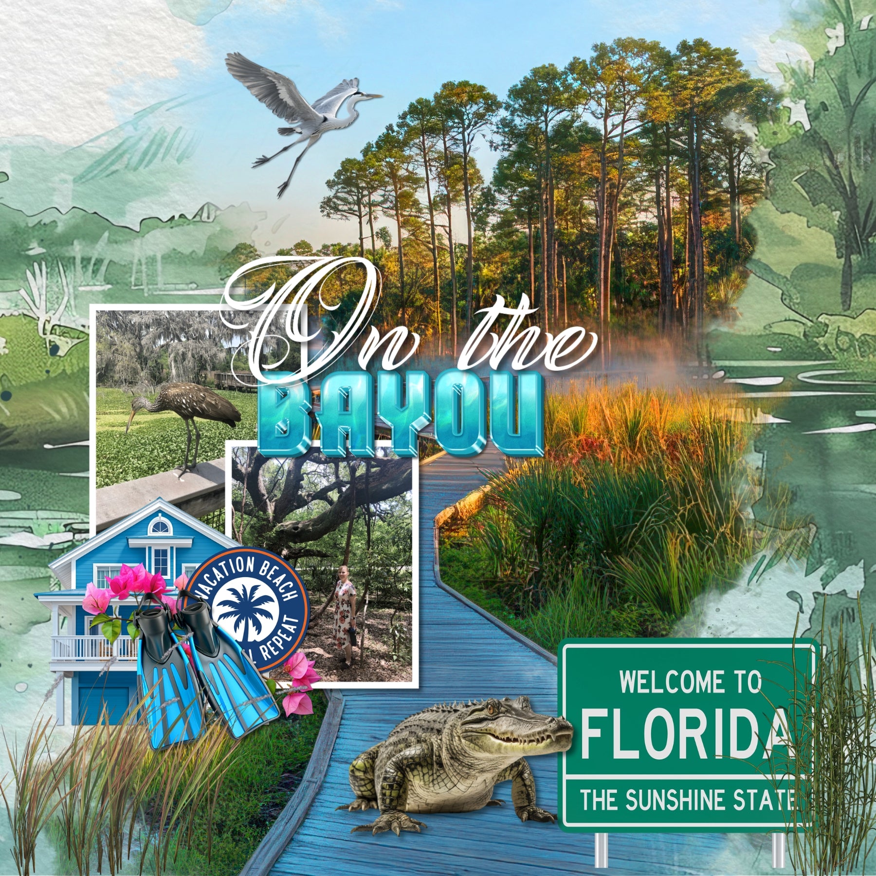 Celebrate Florida with these beautiful realistic embellishments, clusters, masked scenic overlays, engraved stamps, and acrylic blue alpha set by Lucky Girl Creative digital art for digital scrapbooking. Great for travel and vacations to Florida, the South, the Everglades, the Gulf Shores, parts of Mississippi, Louisiana, Alabama, Miami, Orlando, Tampa, Tallahassee, Jacksonville, Fort Lauderdale, Destin, Key West, and more. Embellishments include passenger airplane, sea float plane, bumper car, castle.