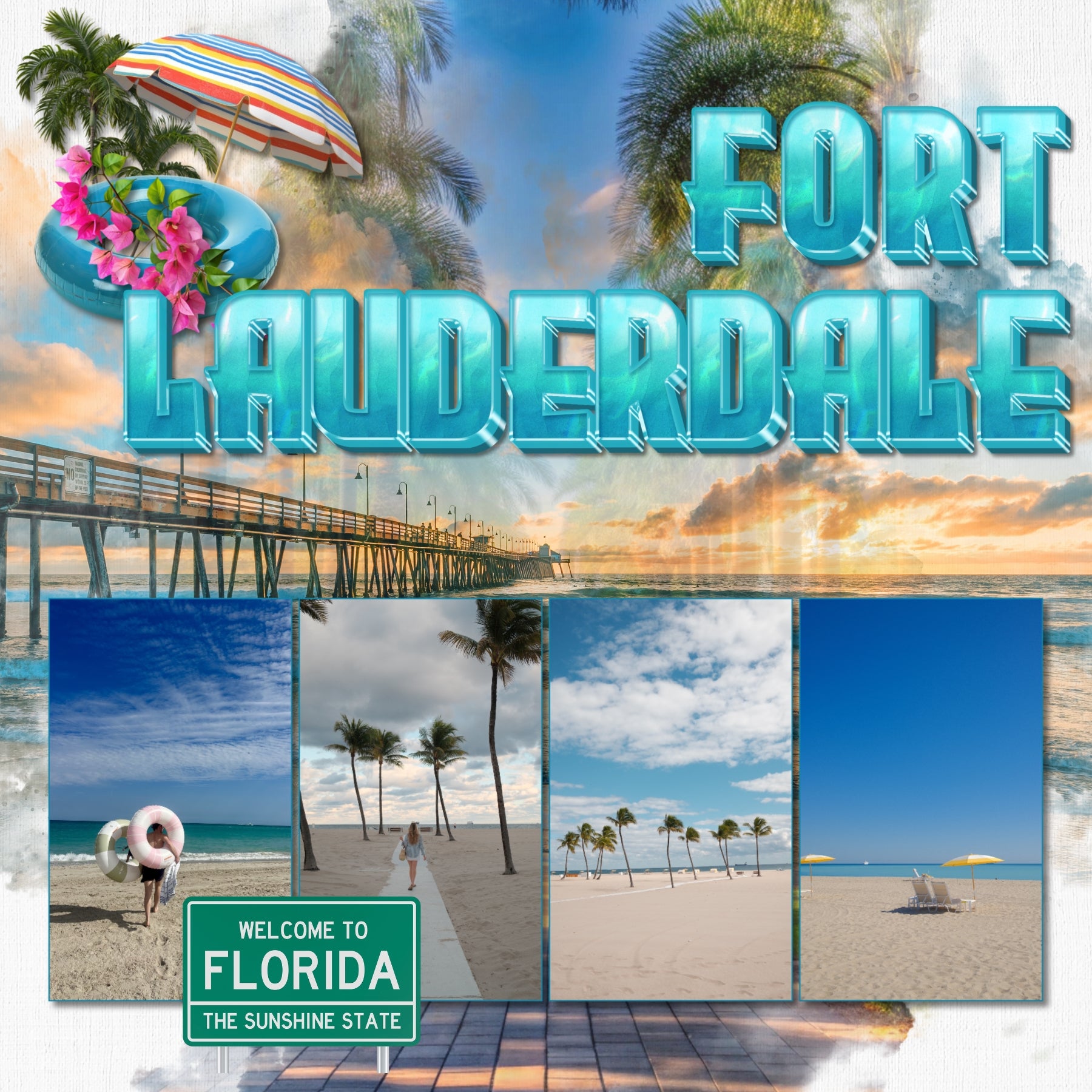 Celebrate Florida with these beautiful realistic embellishments, clusters, masked scenic overlays, engraved stamps, and acrylic blue alpha set by Lucky Girl Creative digital art for digital scrapbooking. Great for travel and vacations to Florida, the South, the Everglades, the Gulf Shores, parts of Mississippi, Louisiana, Alabama, Miami, Orlando, Tampa, Tallahassee, Jacksonville, Fort Lauderdale, Destin, Key West, and more. Embellishments include passenger airplane, sea float plane, bumper car, castle.