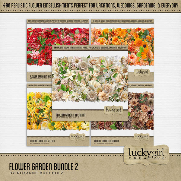 Flowers, flowers, and more flowers fill this beautiful realistic digital scrapbooking collection by Lucky Girl Creative digital art with hues of brown, cream, orange, red, and yellow with accents of green. Featuring a wide variety of flowers from around the world, these embellishments are perfect for everyday, autumn, fall, tropical vacations, flower gardens, and weddings, too!