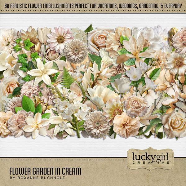 Flowers, flowers, and more flowers fill this beautiful realistic digital scrapbooking collection by Lucky Girl Creative digital art with hues of cream, off white, natural white, and accents of green. Featuring a wide variety of flowers from around the world, these embellishments are perfect for everyday, spring, summer, tropical vacations, flower gardens, and weddings, too! This kit is included in the Flower Garden Bundle 2.