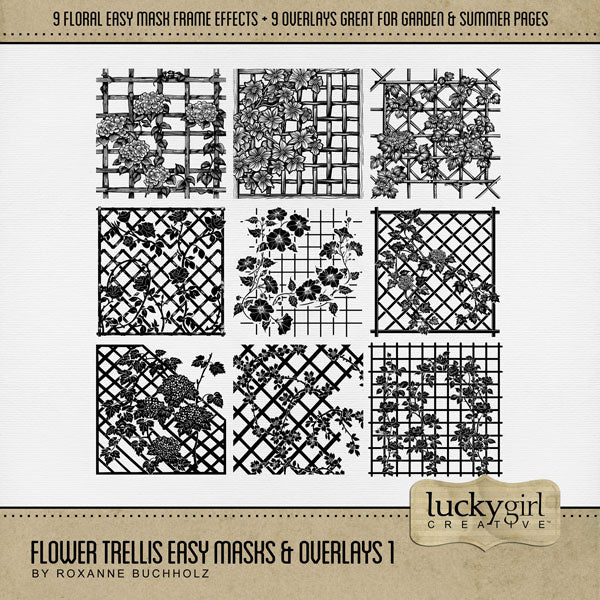 Love distressed vintage floral backgrounds? Now you can create your own with these Easy Mask Frame Effects and Overlay Embellishments by Lucky Girl Creative digital art for digital scrapbooking. Perfect for weddings, prom, garden, vintage, heritage, and family history pages. With 9 unique grunge garden trellis textures, these vintage designs can be used as is, filled with paper, colorized, or used as Blend effects. Now you can design your own backgrounds! Make subtle or bold - the choice is yours! 