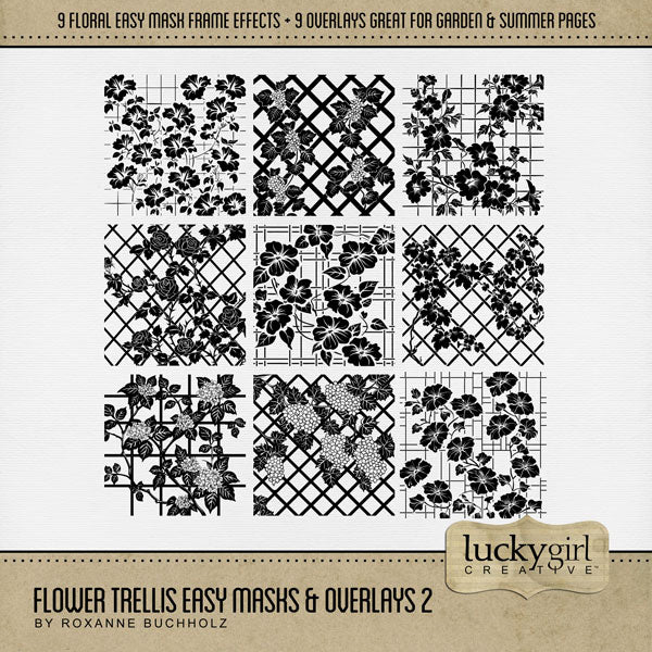 Love distressed vintage floral backgrounds? Now you can create your own with these Easy Mask Frame Effects and Overlay Embellishments by Lucky Girl Creative digital art for digital scrapbooking. Perfect for weddings, prom, garden, vintage, heritage, and family history pages. With 9 unique grunge garden trellis textures, these vintage designs can be used as is, filled with paper, colorized, or used as Blend effects. Now you can design your own backgrounds! Make subtle or bold - the choice is yours! 