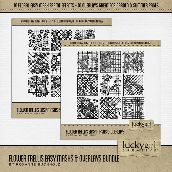 Love distressed vintage floral backgrounds? Now you can create your own with these Easy Mask Frame Effects and Overlay Embellishments by Lucky Girl Creative digital art for digital scrapbooking. Perfect for weddings, prom, garden, vintage, heritage, and family history pages. With 18 unique grunge garden trellis textures, these vintage designs can be used as is, filled with paper, colorized, or used as Blend effects. Now you can design your own backgrounds! Make subtle or bold - the choice is yours! 