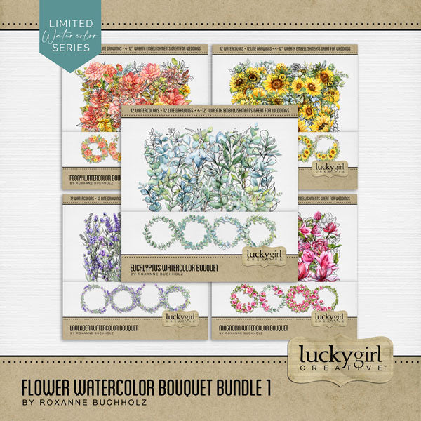 Capture the special moments of your wedding or flower garden with this mix of watercolor and hand drawn flower embellishments by Lucky Girl Creative digital art for digital scrapbooking including Eucalyptus, lavender, magnolia, peony, and sunflower. Great for wedding invitations, save the date cards, albums, decor, and even spring and summer pages, too!