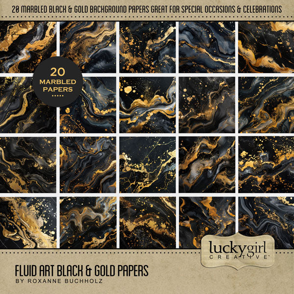 Add these fluid black and gold marble backgrounds by Lucky Girl Creative digital art to all your digital scrapbooking pages and mix-and-match them on various projects throughout the year! Great for birthday, anniversary, wedding, graduation, and more! Easy to colorize! This kit is included in the Elegant Black & Gold Bundle.