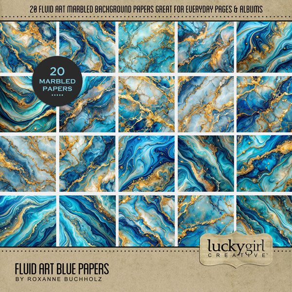 In beautiful sapphire blue jewel tones with gold accents, these fluid art and marble inspired background digital scrapbooking papers by Lucky Girl Creative digital art will add visual interest to all your pages. Use as is or add to an Easy Mask for creating your own unique backgrounds. This kit is included in the Fluid Art Jewel Papers Bundle.