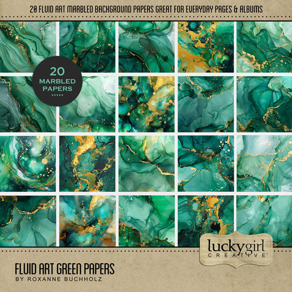In beautiful emerald green jewel tones with gold accents, these fluid art and marble inspired background digital scrapbooking papers by Lucky Girl Creative digital art will add visual interest to all your pages. Use as is or add to an Easy Mask for creating your own unique backgrounds. This kit is included in the Fluid Art Jewel Papers Bundle.