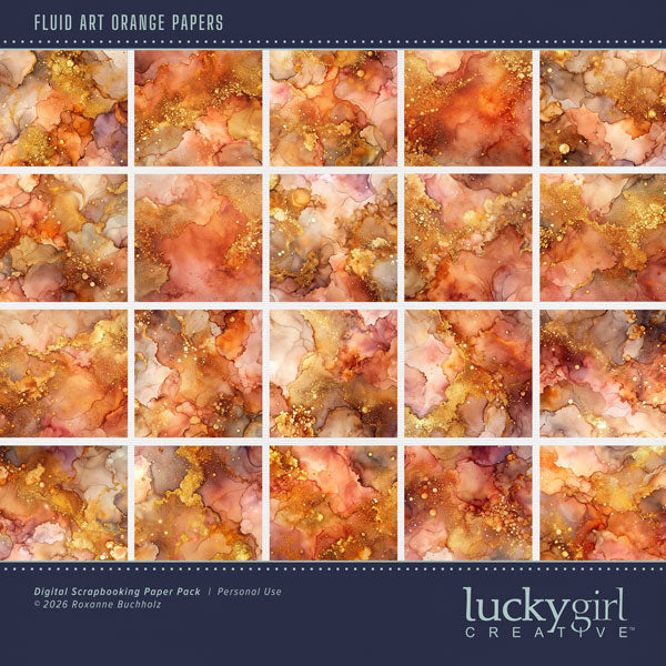 In beautiful orange tones with gold accents, these fluid art and marble inspired background papers by Lucky Girl Creative digital art will add visual interest to all your digital scrapbooking pages. Great for fall, autumn, Thanksgiving, and Halloween. This kit is NOT included in any bundle.