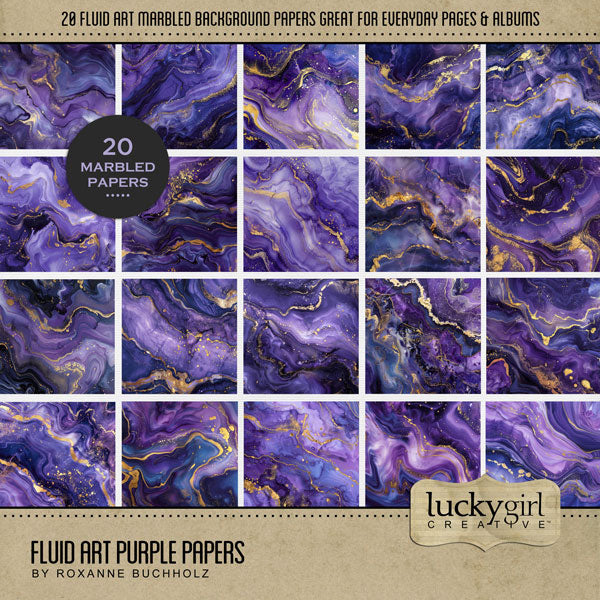 In beautiful deep purple jewel tones with gold accents, these fluid art and marble inspired background digital scrapbooking papers by Lucky Girl Creative digital art will add visual interest to all your pages. Use as is or add to an Easy Mask for creating your own unique backgrounds. This kit is included in the Fluid Art Jewel Papers Bundle.