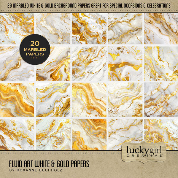 Add these fluid white and gold marble backgrounds by Lucky Girl Creative digital art to all your digital scrapbooking pages and mix-and-match them on various projects throughout the year! Great for birthday, anniversary, wedding, graduation, and more! Easy to colorize! This kit is included in the Elegant Black & Gold Bundle.