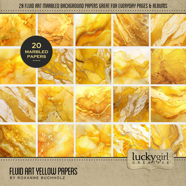In beautiful yellow jewel tones with gold accents, these fluid art and marble inspired background digital scrapbooking papers by Lucky Girl Creative digital art will add visual interest to all your pages. Use as is or add to an Easy Mask for creating your own unique backgrounds. This kit is included in the Fluid Art Jewel Papers Bundle.