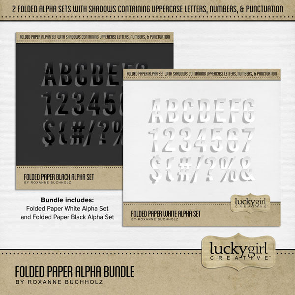Add a touch of fun to all your page titles with these folded black and white paper pop-up alpha sets with raised shadows built-in by Lucky Girl Creative digital art. Great for all occasions and themes! The Folded Paper Black and White Alpha Sets consist of a full set of digital art uppercase alphabet letters A-Z, numbers 0-9, and most punctuation marks. These alpha sets are available as individual embellishments only.