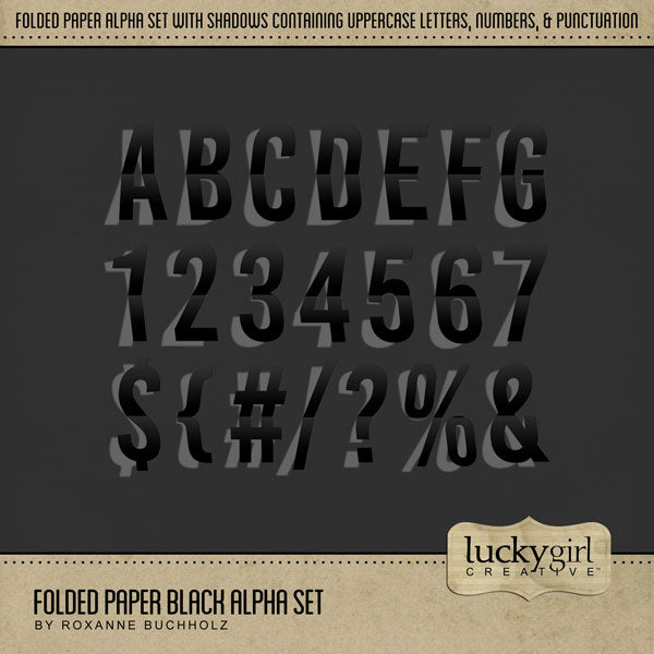 Add a touch of fun to all your page titles with this folded black paper pop-up alpha set by Lucky Girl Creative digital art with raised white shadows built-in. Great for all occasions and themes! The Folded Paper Black Alpha Set consists of a full set of digital art uppercase alphabet letters A-Z, numbers 0-9, and most punctuation marks. This alpha set is available as individual embellishments only. This kit is included in the Folded Paper Alpha Bundle.