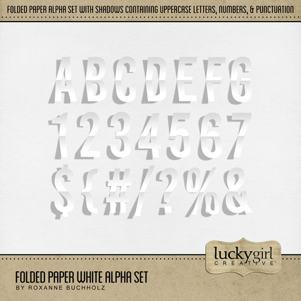 Add a touch of fun to all your page titles with this folded white paper pop-up alpha set by Lucky Girl Creative digital art with raised white shadows built-in. Great for all occasions and themes including a wedding! The Folded Paper White Alpha Set consists of a full set of digital art uppercase alphabet letters A-Z, numbers 0-9, and most punctuation marks. This alpha set is available as individual embellishments only. This kit is included in the Folded Paper Alpha Bundle.