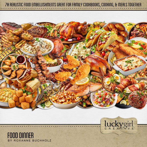 Accent all your favorite food, kitchen, restaurant, and cookbook pages with these realistic dinner embellishments by Lucky Girl Creative digital art for digital scrapbooking. Perfect for creating family cookbooks and recipe cards - the best holiday gifts ever! Great for the chef, cooking, and family meals, lunch, and dinner!