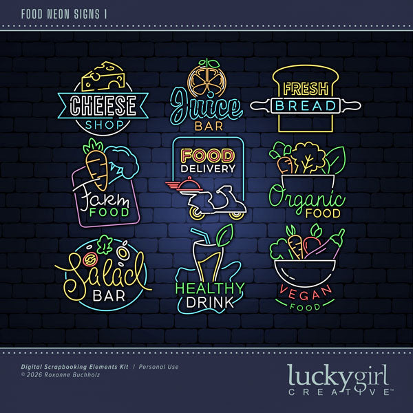 Capture all your food memories with these fun neon sign embellishments by Lucky Girl Creative digital art for digital scrapbooking. Great for your favorite restaurants, cooking, foodie vacations, and more! TIP: For an authentic look, place neon sign embellishment on a dark background and add a glow! Embellishments include Bread, Cheese, Farm Food, Food Delivery, Healthy Drink, Juice Bar, Organic Food, Salad Bar, and Vegan Food. This kit is included in the Food Neon Signs Bundle.