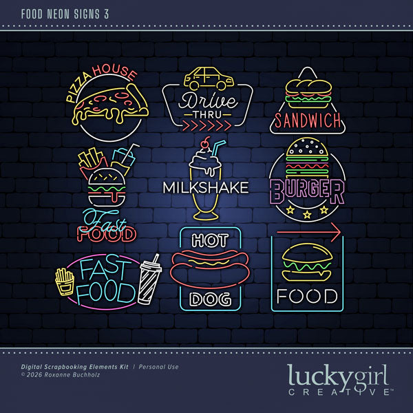 Capture all your food memories with these fun neon sign embellishments by Lucky Girl Creative digital art for digital scrapbooking. Great for your favorite restaurants, cooking, foodie vacations, and more! TIP: For an authentic look, place neon sign embellishment on a dark background and add a glow! Embellishments include Burger, Drive Thru, Fast Food, Food, Hot Dog, Milkshake, Pizza House, and Sandwich. This kit is included in the Food Neon Signs Bundle.