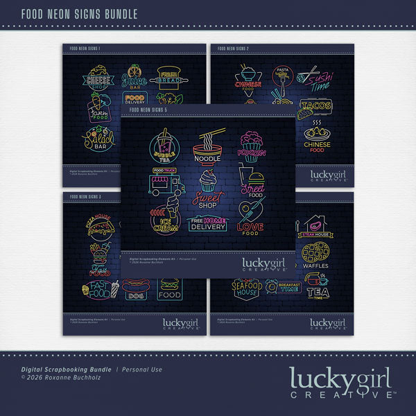 Capture all your food memories with these fun neon sign embellishments by Lucky Girl Creative digital art for digital scrapbooking. Great for your favorite restaurants, cooking, foodie vacations, and more! TIP: For an authentic look, place neon sign embellishment on a dark background and add a glow! Neon sign embellishments include bread, cheese, farm, food delivery, healthy drink, juice bar, organic food, salad bar, vegan food, Chinese food, kebab, Mexican food, pasta, ramen, sushi, tacos, burger