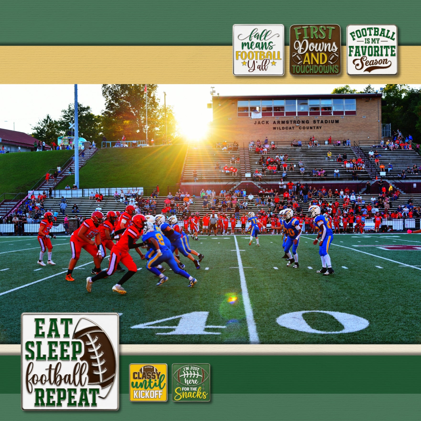 Accent your football digital scrapbooking pages with these fun enamel pins by Crafty Clover digital art great for a team, player, coach, athlete, and soccer sport fan! Embellishments include phrases such as Classy Until Kickoff, East Sleep Football Repeat, Fall Means Football Y'all, Football is my Favorite Season, First Downs and Touchdowns, Football Dad, Football Mom, I'm Just Here for the Snacks, Love You to the End Zone and Back, My Heart is on That Field, Sunday Funday, and That's My Boy!