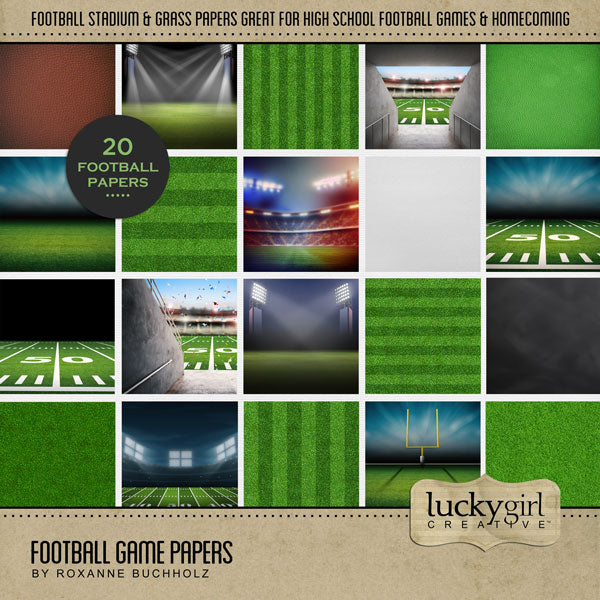 Have fun recalling your favorite football memories with these digital scrapbooking background papers by Lucky Girl Creative digital art. Great for high school homecoming games, football players and coaches, youth football, and even your favorite professional team.