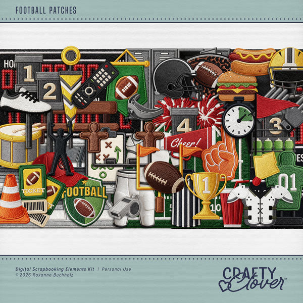 Accent your football digital scrapbooking pages with these fun embroidered patches by Crafty Clover digital art great for a team, player, coach, athlete, and volleyball sport fan! Embellishments include banner, bench, cap, hat, cheer, megaphone, pom pom, cone, first down, second down, third down, fourth down, drink, soda, drum, field, flag, pennant, hamburger, hot dog, football, game plan, helmet, goal posts, line marker, locker, mouth guard, patch, penalty flag, practice dummy, referee shirt, stripes