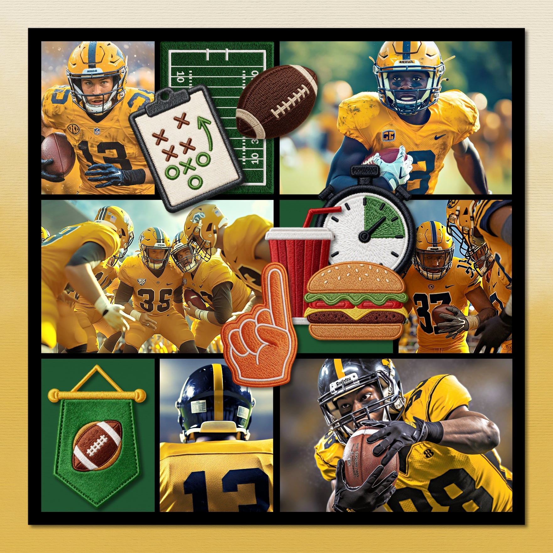 Accent your football digital scrapbooking pages with these fun embroidered patches by Crafty Clover digital art great for a team, player, coach, athlete, and volleyball sport fan! Embellishments include banner, bench, cap, hat, cheer, megaphone, pom pom, cone, first down, second down, third down, fourth down, drink, soda, drum, field, flag, pennant, hamburger, hot dog, football, game plan, helmet, goal posts, line marker, locker, mouth guard, patch, penalty flag, practice dummy, referee shirt, stripes