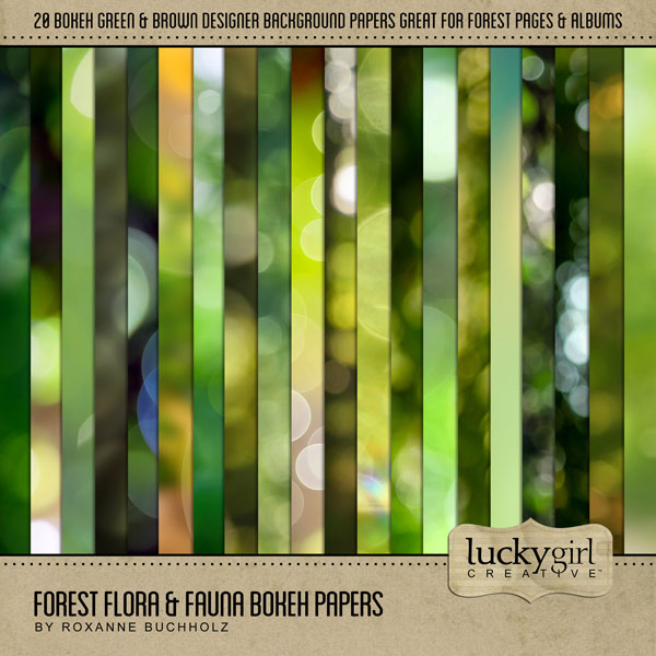 Be inspired by the beautiful colors of the forest with this digital scrapbooking bokeh paper pack by Lucky Girl Creative digital art. Perfect for creating pages of nature and the outdoors, plus everyday pages, too. Colors include shades of brown and green. The Forest Flora & Fauna Bokeh Papers is included in the Forest Flora & Fauna Mega Bundle.