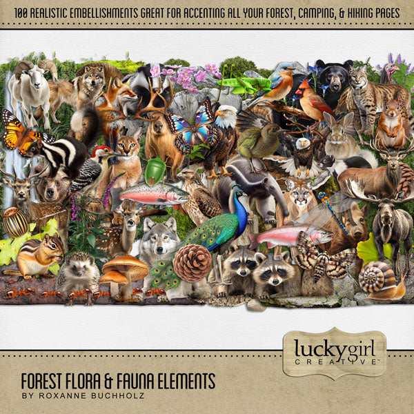 Be inspired by the beautiful colors of the forest with this realistic digital scrapbooking embellishments only kit by Lucky Girl Creative digital art. Perfect for creating pages of nature and the outdoors. Embellishments include animals, anteater, badger, bear, bluebird, bird, cardinal, eagle, hawk, kiwi, owl, peacock, turkey, woodpecker, boar, pig, hog, capybara, lynx, caracal, chipmunk, cougar, mountain lion, deer, and more.