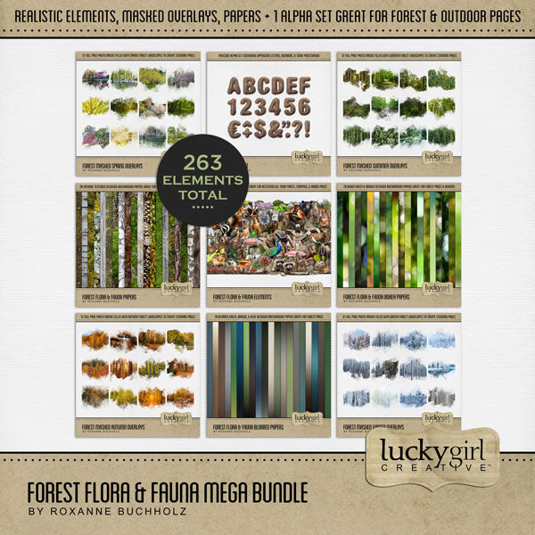 Be inspired by the beautiful colors of the forest with this realistic digital scrapbooking embellishments, papers, masked photographic overlays, and alpha set by Lucky Girl Creative digital art. Perfect for creating pages of nature and the outdoors. Embellishments include animals, anteater, badger, bear, bluebird, bird, cardinal, eagle, hawk, kiwi, owl, peacock, turkey, woodpecker, boar, pig, hog, capybara, lynx, and more.