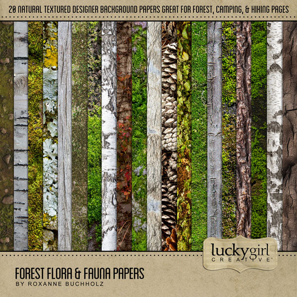 Be inspired by the beautiful colors of the forest with this realistic digital scrapbooking paper pack by Lucky Girl Creative digital art. Perfect for creating pages of nature and the outdoors. Textures include dirt, birch, tree, bark, moss, ivy, pinecone, and more. The Forest Flora & Fauna Papers is included in the Forest Flora & Fauna Mega Bundle.