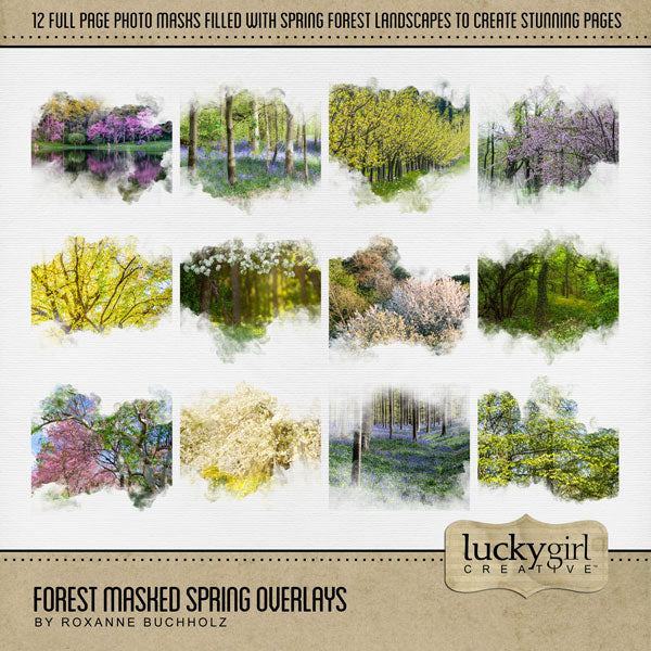 Be inspired by the beautiful colors of the forest with these beautiful masked spring overlays by Lucky Girl Creative digital art filled with scenic tree landscapes. With transparent edges, these masked photographs blend seamlessly into any background paper and make the perfect backdrop for photos of nature, the outdoors, and even spring. 