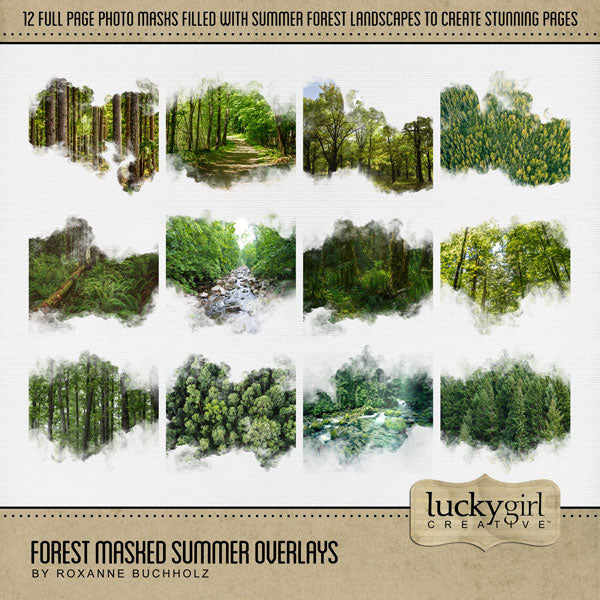 Be inspired by the beautiful colors of the forest with these beautiful masked summer overlays by Lucky Girl Creative digital art filled with scenic tree landscapes. With transparent edges, these masked photographs blend seamlessly into any background paper and make the perfect backdrop for photos of nature, the outdoors, and even summer. 