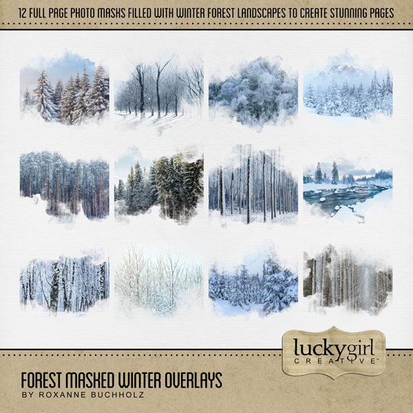 Be inspired by the beautiful colors of the forest with these beautiful masked winter overlays by Lucky Girl Creative digital art filled with scenic landscapes. With transparent edges, these masked photographs blend seamlessly into any background paper and make the perfect backdrop for photos of nature, the outdoors, and even winter and Christmas.