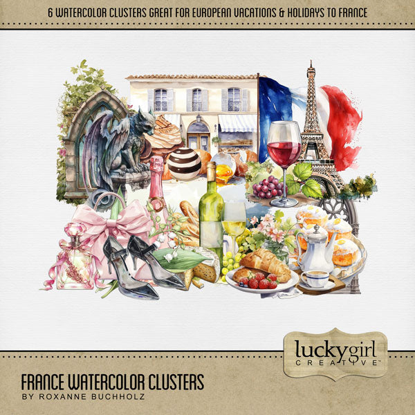 Add these beautiful watercolor clusters by Lucky Girl Creative digital art to all your digital scrapbooking pages to easily create memorable French pages and albums! Great for vacations to France, Paris, and other Mediterranean destinations and places in Europe. Embellishments include Eiffel Tower, tea, breakfast, wine, bread, cheese, pastry, window, and gargoyle. This kit is included in the France Watercolor Bundle.