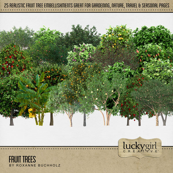 Accent your nature, gardening, and seasonal pages with beautiful digital art fruit trees by Lucky Girl Creative. Fruit trees include apple, avocado, banana, cherry, fig, lemon, lime, mango, orange, pear, pomegranate, tangerine, tropical, and more!