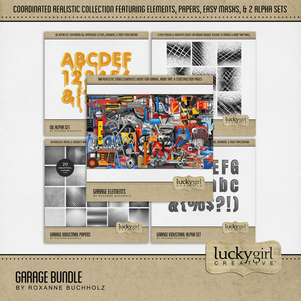 These realistic embellishments, industrial papers, overlays, and alpha sets by Lucky Girl Creative digital art are the perfect addition to any of your garage, handyman, and racing digital scrapbooking pages. Embellishments include alternator, amp meter, badge, shield, battery, tiedown, strap, cable, car cover, frame, jack, car keys, lift, caulking gun, chain link, chainsaw, circular blade, compressor, concrete blocks, hard hat, creeper, drum set, electric motor, engine, extension cord, fan