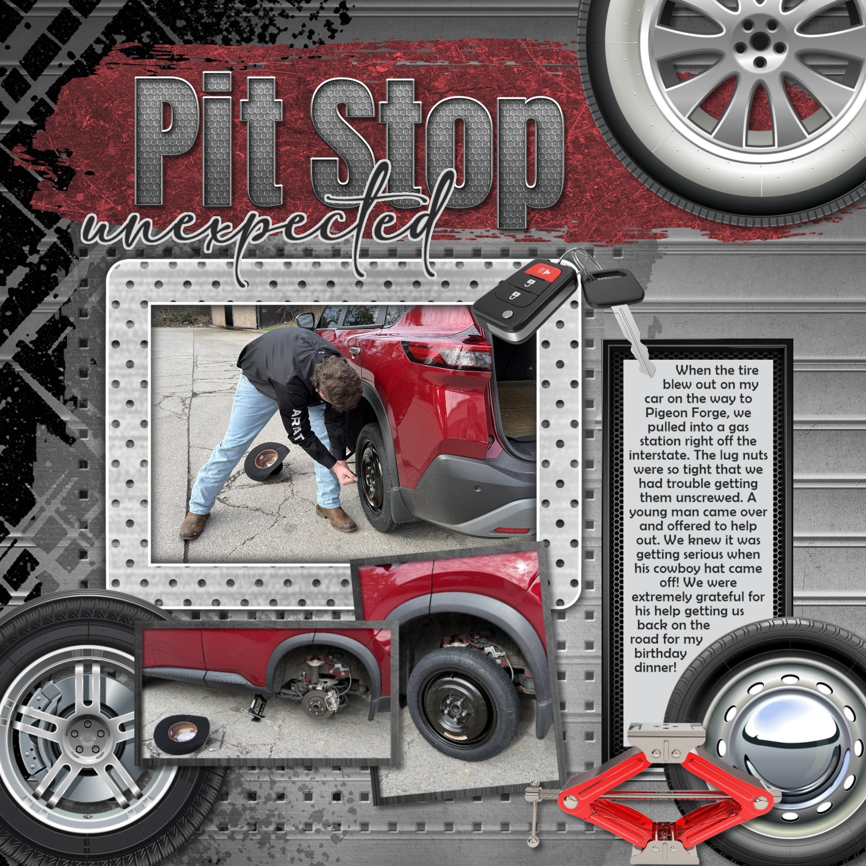 These realistic embellishments, industrial papers, overlays, and alpha sets by Lucky Girl Creative digital art are the perfect addition to any of your garage, handyman, and racing digital scrapbooking pages. Embellishments include alternator, amp meter, badge, shield, battery, tiedown, strap, cable, car cover, frame, jack, car keys, lift, caulking gun, chain link, chainsaw, circular blade, compressor, concrete blocks, hard hat, creeper, drum set, electric motor, engine, extension cord, fan