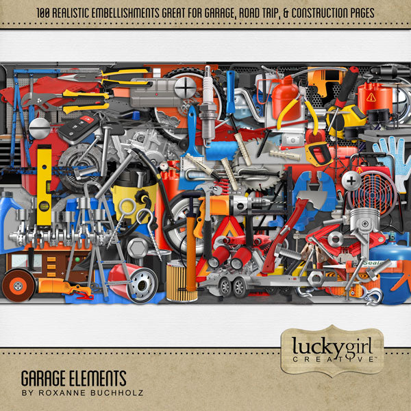 These realistic embellishments by Lucky Girl Creative digital art are the perfect addition to any of your garage, handyman, and racing digital scrapbooking pages. Embellishments include alternator, amp meter, badge, shield, battery, tiedown, strap, cable, car cover, frame, jack, car keys, lift, caulking gun, chain link, chainsaw, circular blade, compressor, concrete blocks, hard hat, creeper, drum set, electric motor, engine, extension cord, fan, fire extinguisher, flood light, floor mat, garage door opener