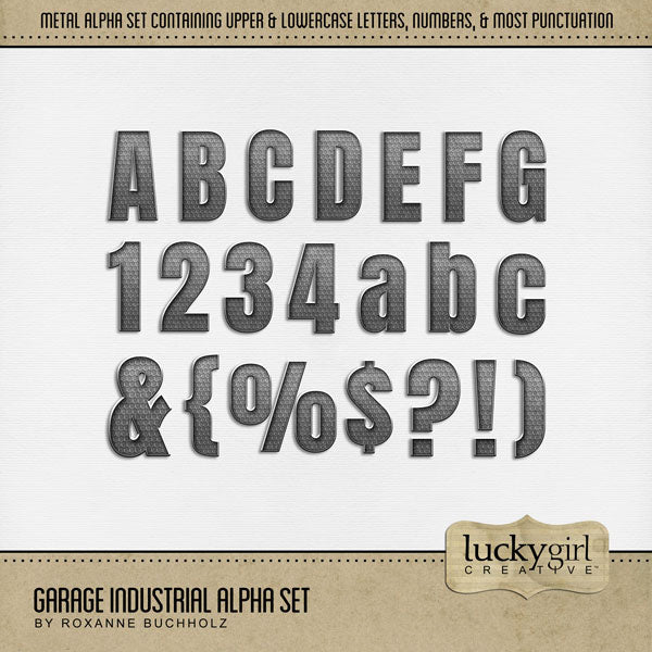 These metal alphabet letters, numbers, and punctuation by Lucky Girl Creative digital art are the perfect addition to any of your garage and racing digital scrapbooking pages. The Garage Industrial Alpha Set consists of a full set of digital art uppercase alphabet letters A-Z, lowercase letters a-z, numbers 0-9, and most punctuation marks. This alpha set is available as individual embellishments only. This kit is included in the Garage Bundle.
