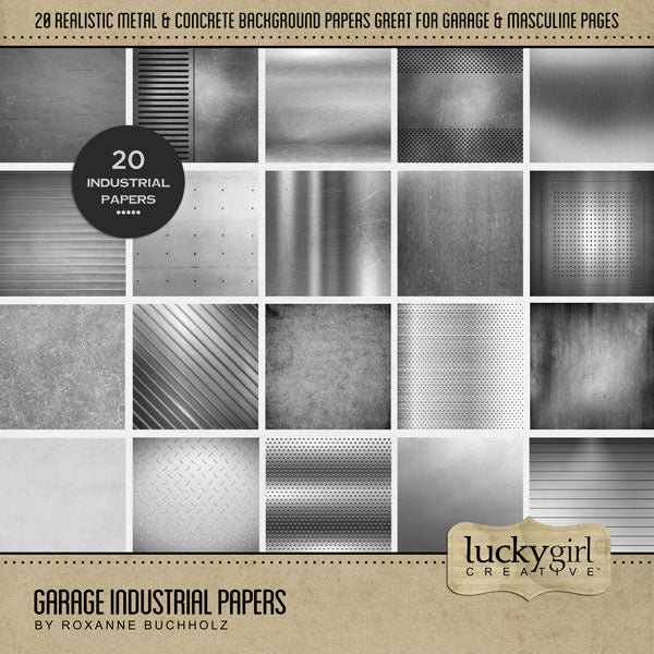 These gray metal and concrete background papers by Lucky Girl Creative digital art are the perfect addition to any of your garage and racing digital scrapbooking pages. This kit is included in the Garage Bundle.